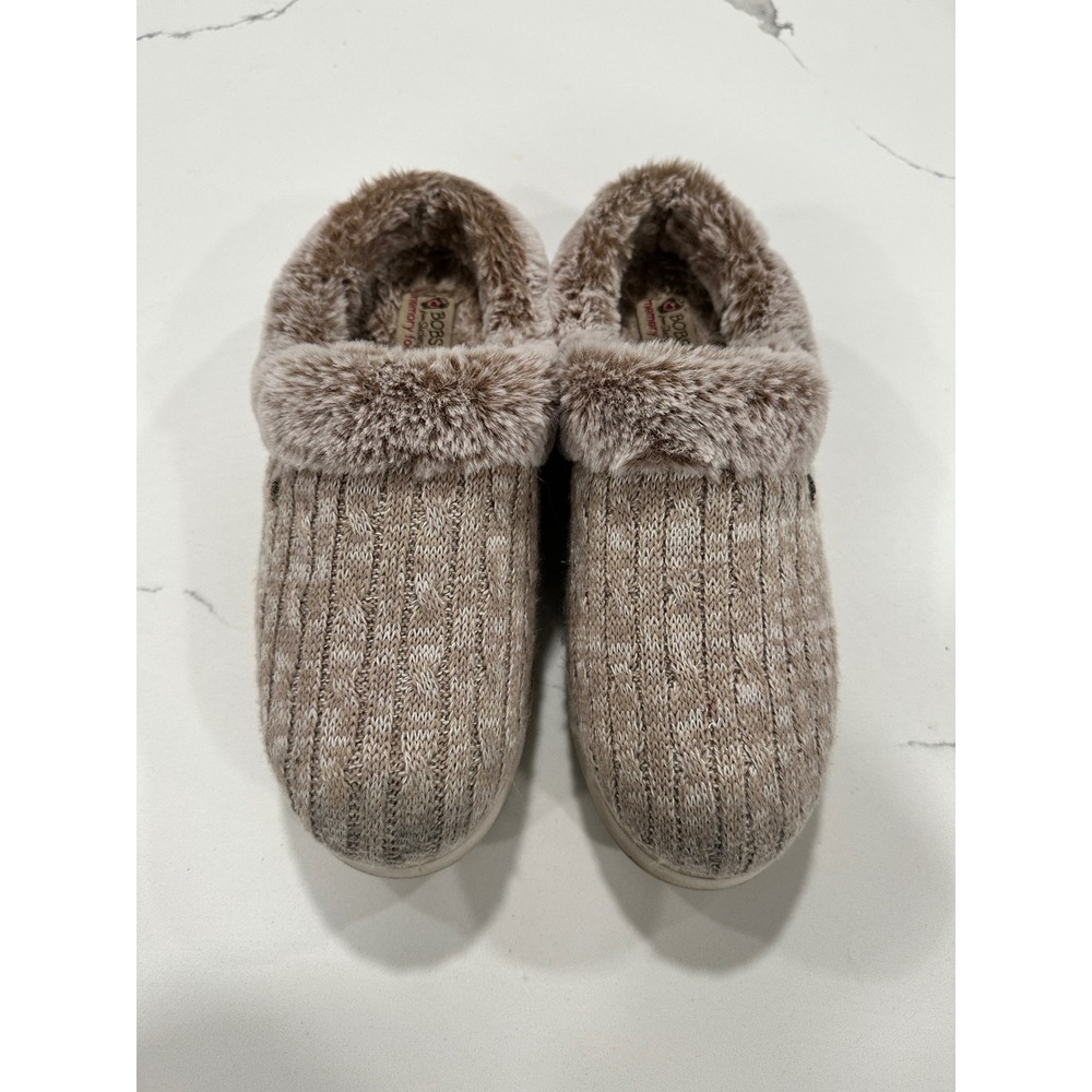BOBS from Skechers Women's Brown Cable‎ Knit Faux Fur Memory Foam Slippers